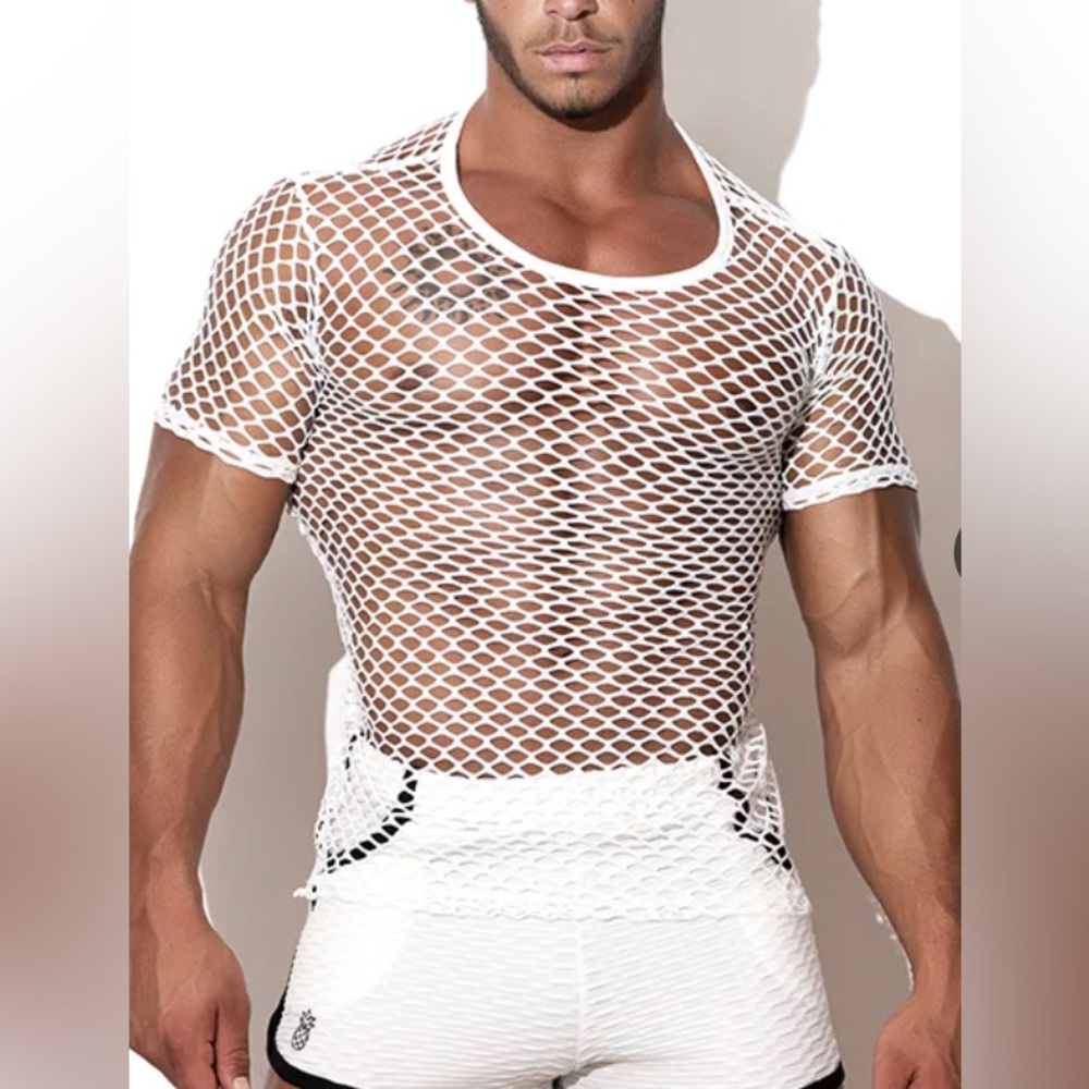 NWT JJ Malibu White Mesh Fishnet Open Weave Short Sleeve Shirt XL